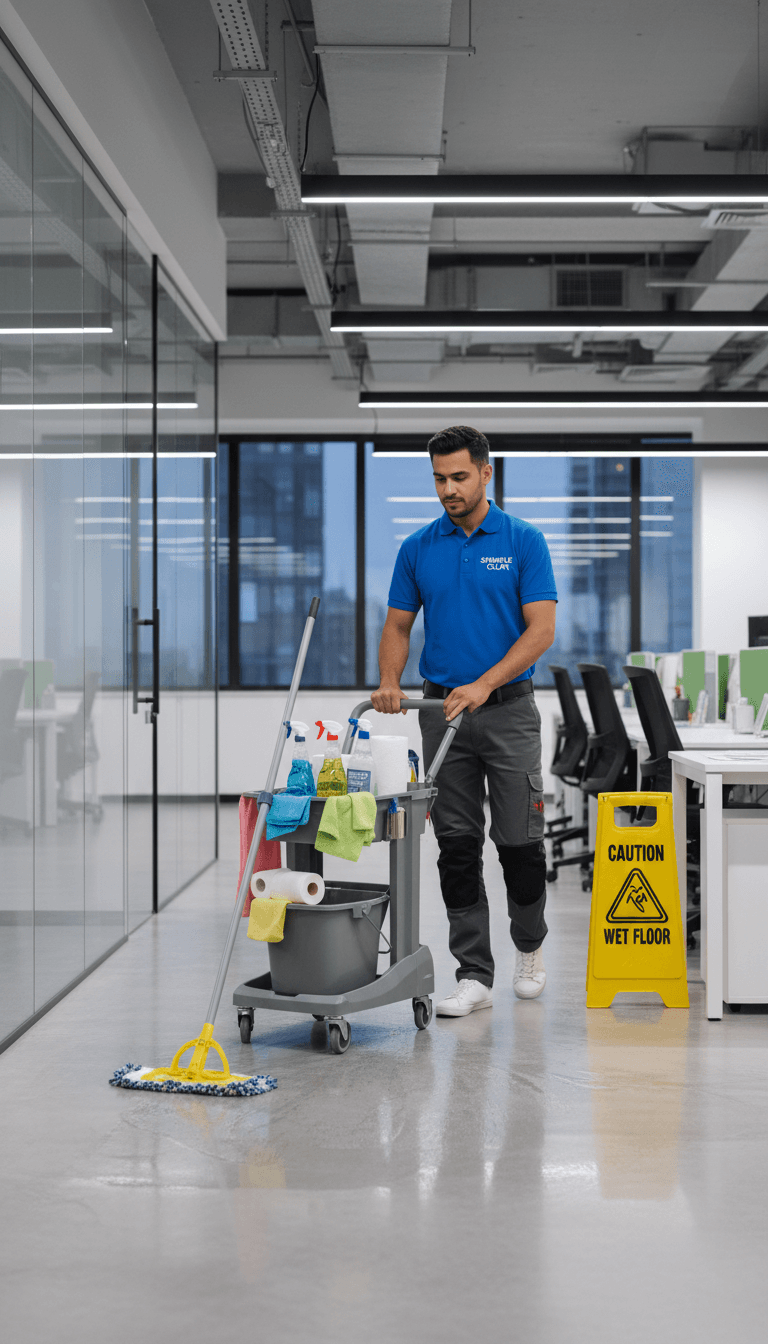 Commercial office cleaning service in progress